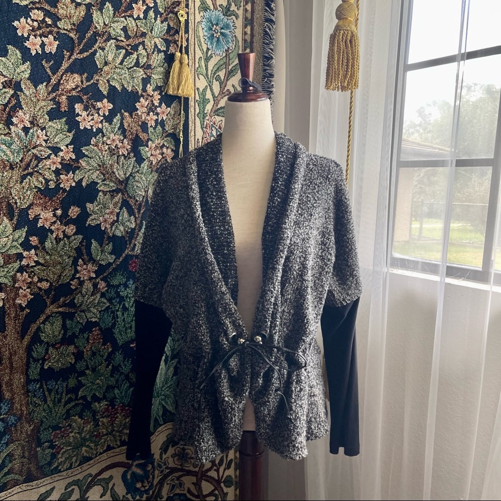 Grey and Black Woolen Wrap Cardigan with Drawstring Waist by Avenue